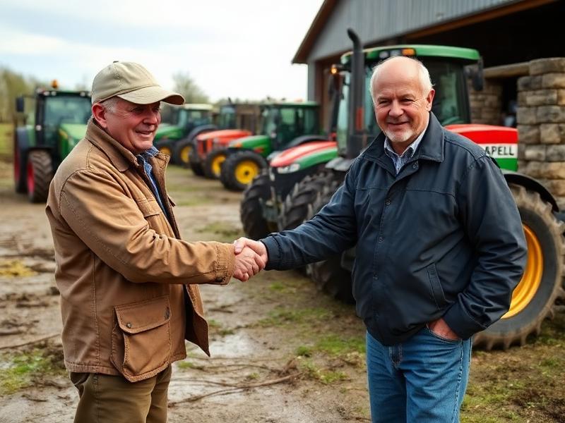 Farmers shaking hands in agreement beside agricultural machinery
